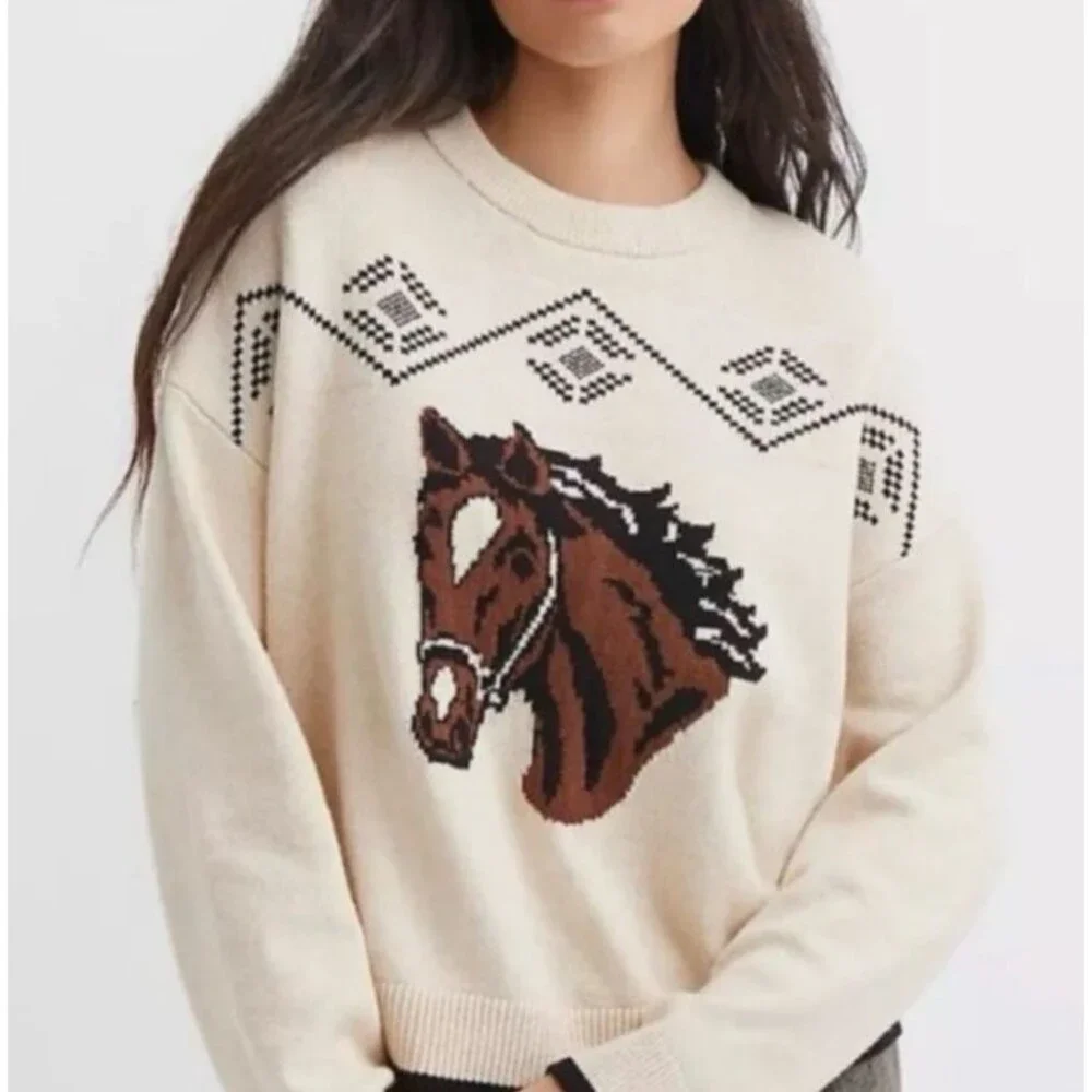 NWT LOFT Horse Print Cream Pullover Sweater Size XL